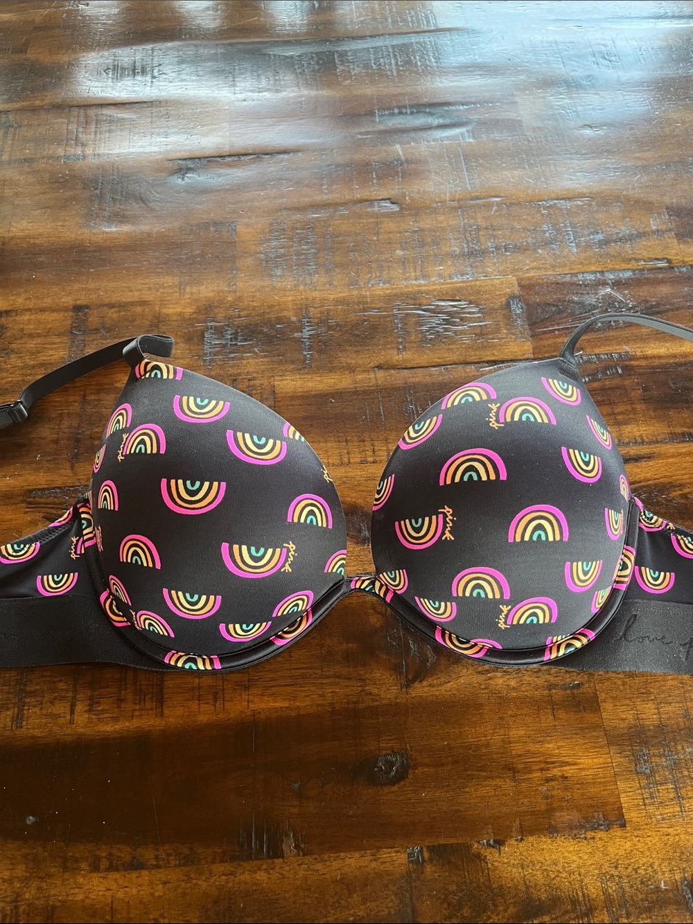 PINK Victoria's Secret Black Bra with Multicolor Rainbow Print